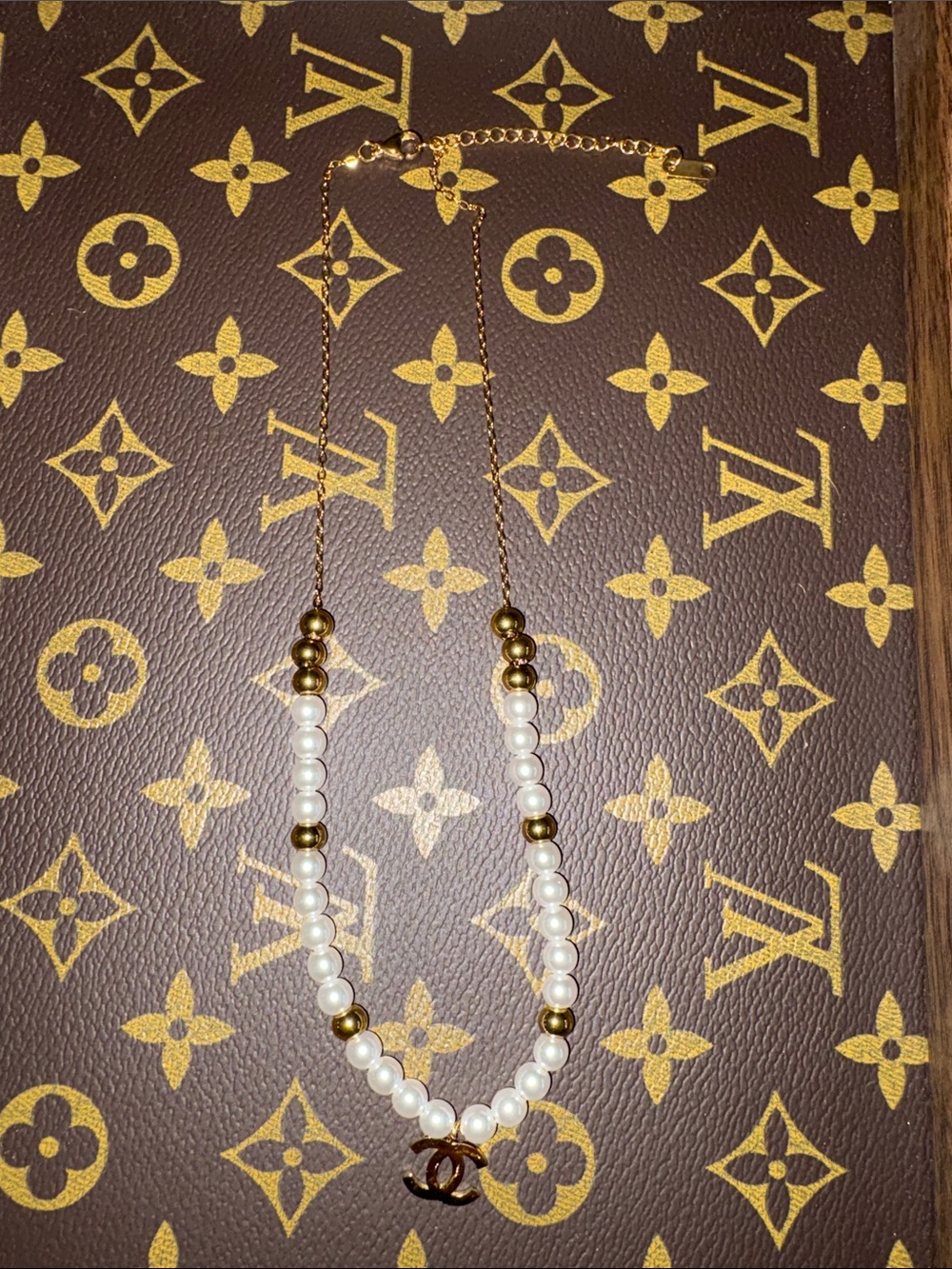Faux Pearl and Gold-Tone Necklace with Double Charm